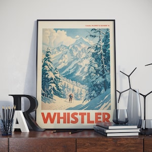 Impresión de la estación de esquí de Whistler, póster de viaje vintage de Canadá, arte mural de esquí retro, decoración de montaña invernal, obra de arte de la cabaña de esquí, regalo alpino