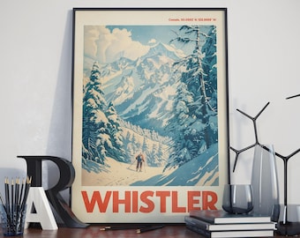 Whistler ski resort print, vintage Canada travel poster, retro skiing wall art, winter mountain decor, ski lodge artwork, alpine gift