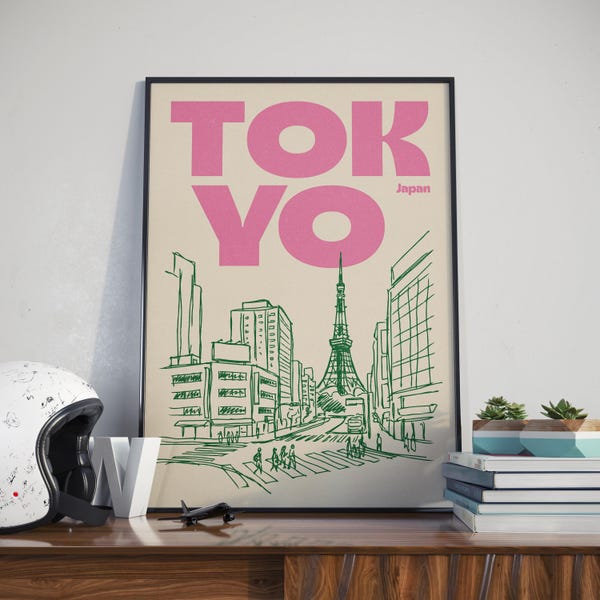 Tokyo Japan Illustration Print, Retro City Sketch Wall Art in Pink, Blue or Black