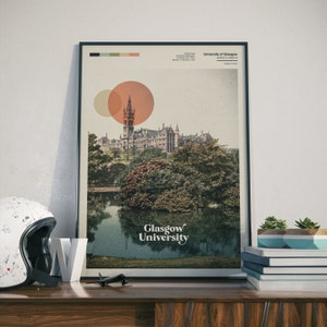 Università di Glasgow - Poster di design di architettura scozzese / Arte murale / Decorazione / Fotografia di viaggio vintage / Retro / Stampa di poster di metà secolo