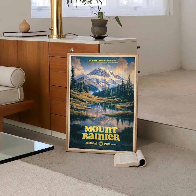 Vintage Mount Rainier National Park Poster, Retro Travel Print, Alpine Wilderness Wall Art, Hiking Decor, Pacific Northwest Nature Gift image 5