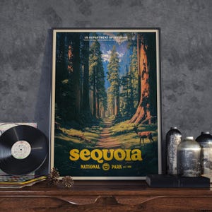 Vintage Sequoia National Park Poster, Retro Reise-Druck, Riesenbäume Wandkunst, Wildnis Dekor, Wald Abenteuer Geschenk für Naturliebhaber