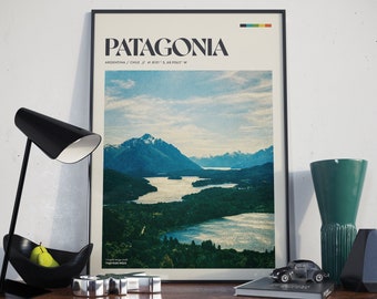 Patagonia - Retro Poster Design | Mountain Range Photo | Rustic | Landscape Wall Art Decor | Travel Gift | Vintage Travel Photography Print