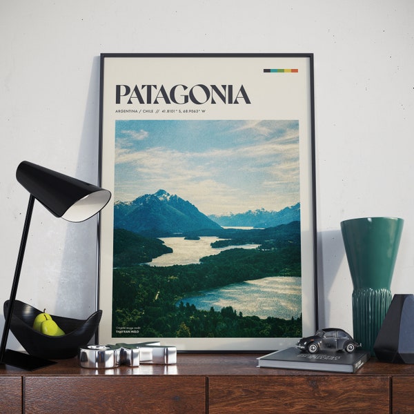 Patagonie - Conception d'affiche rétro | Chaîne de montagnes Photo | Rustique | Décor d’art mural paysager | Cadeau de voyage | impression de photographie de voyage vintage