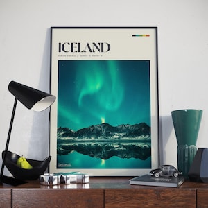 Islanda - Poster retrò / Aurora boreale / Arte murale rustica / Decorazione per la casa / Regalo per viaggiatori / Stampa fotografica di viaggio vintage