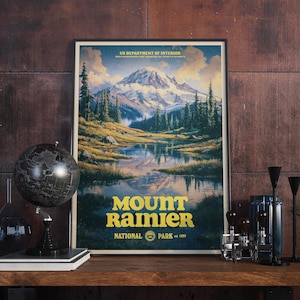 Vintage Mount Rainier National Park Poster, Retro Travel Print, Alpine Wilderness Wall Art, Hiking Decor, Pacific Northwest Nature Gift image 1