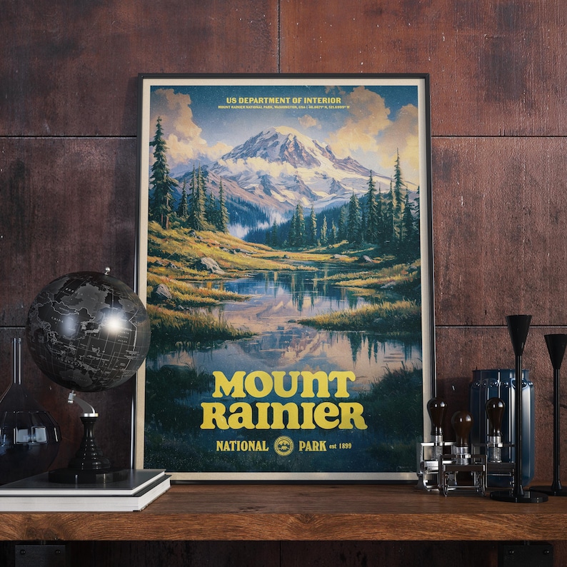 Vintage Mount Rainier National Park Poster, Retro Travel Print, Alpine Wilderness Wall Art, Hiking Decor, Pacific Northwest Nature Gift image 1