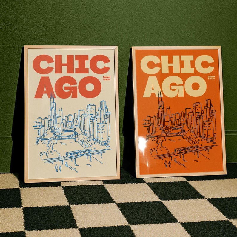 Chicago Illinois illustratie print, retro stad schets kunst aan de muur in rood, blauw, groen, roze afbeelding 8