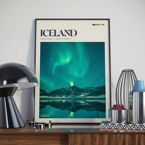 Iceland Retro Poster Design Northern Lights Rustic Wall Etsy