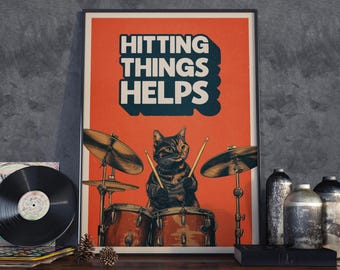 Funny Drummer Cat Poster, Retro Drumming Print, Vintage Musician Wall Art, Drum Kit Gift for Drummers, Music Studio Decor, Music Art