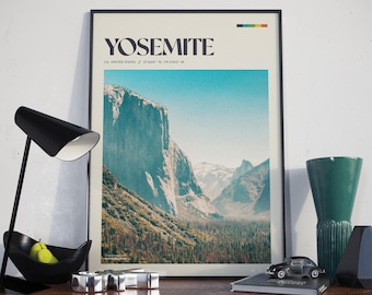 May include: A vintage-style poster with the text "Yosemite" in black lettering. The poster features a scenic view of Yosemite National Park, California, with a large rock formation in the foreground and a valley in the background. The text "CA, UNITED STATES // 37.8667° N, 119.5383° W" is printed below the title.