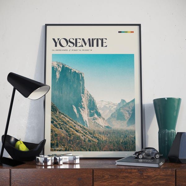 Yosemite National Park print, vintage travel poster, retro wall art, California nature decor, mountain landscape, gift for hikers, explorers