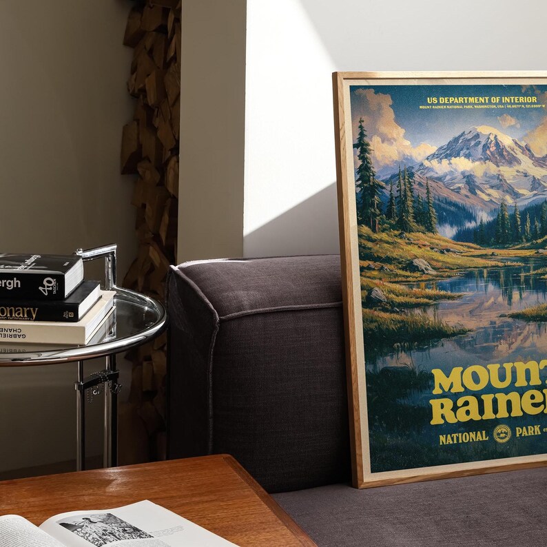 Vintage Mount Rainier National Park Poster, Retro Travel Print, Alpine Wilderness Wall Art, Hiking Decor, Pacific Northwest Nature Gift image 3