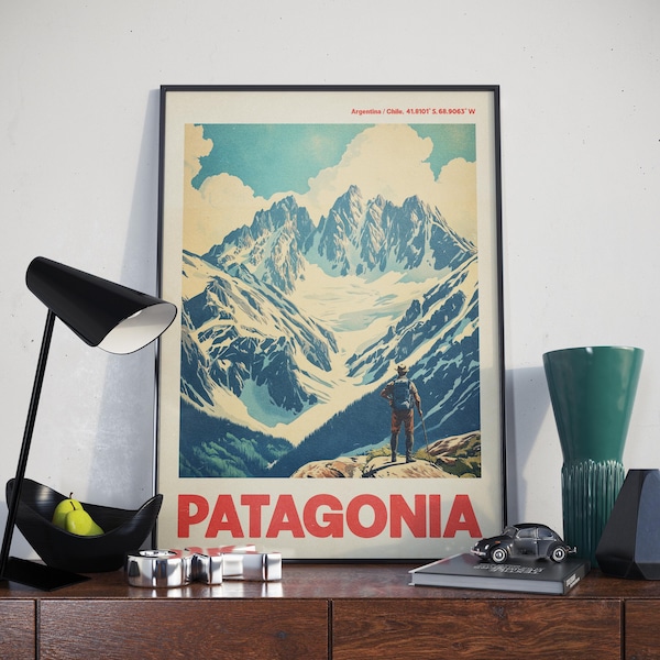 Impressão do Parque Nacional da Patagônia, pôster de viagem vintage, arte de parede para caminhadas, montanhas andinas, decoração Argentina Chile, paisagem natural retrô