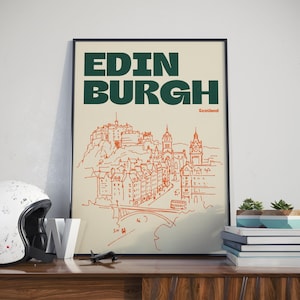 Impresión de ilustración de Edimburgo, Escocia, arte mural con bocetos retro de la ciudad en naranja, verde o burdeos