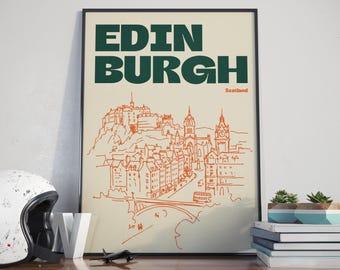 Edinburgh Schotland afbeelding print, retro stad schets kunst aan de muur in oranje, groen of bordeaux