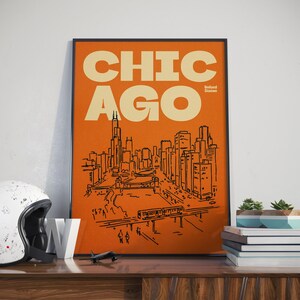 Chicago Illinois illustratie print, retro stad schets kunst aan de muur in rood, blauw, groen, roze Orange & Black