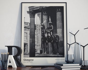 Glasgow - Czarno-biały plakat | Zdjęcie posągu księcia Wellingtona | Sztuka ścienna | Wydruk monochromatyczny | Prezent dla podróżnika | Fotografia podróżnicza