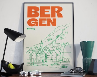Ilustracja z Bergen w Norwegii, szkic miasta w stylu retro w kolorze zielonym, niebieskim i pomarańczowym