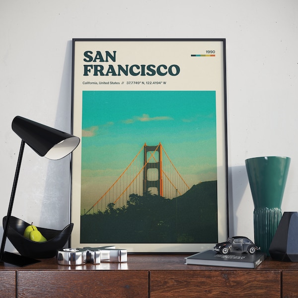 San Francisco Retro Poster Design, Cityscape Wall Art, Decor, Gift For Architect Lover, 90s Vintage, Travel Photography, Minimalist Print