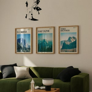 Il trio di Yosemite - Poster retrò / Foto di montagne degli Stati Uniti / Arte murale rustica / Arredamento per la casa / Regalo di viaggio / Stampa fotografica di viaggio vintage