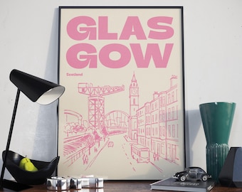 Glasgow Schotland illustratie print, retro stad schets kunst aan de muur in roze, blauw of groen