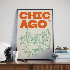 Chicago Illinois illustratie print, retro stad schets kunst aan de muur in rood, blauw, groen, roze Orange & Green