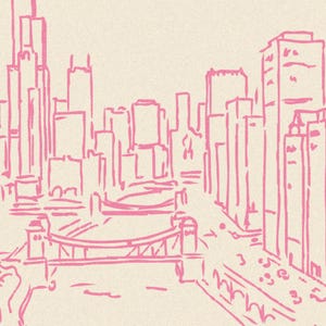 Op de afbeelding: Een lijntekening van een stadssilhouet met hoge wolkenkrabbers en een brug over een rivier. De illustratie is uitgevoerd in een heldere roze kleur tegen een lichtbeige achtergrond en legt de architecturale vormen van het stadsgezicht vast.
