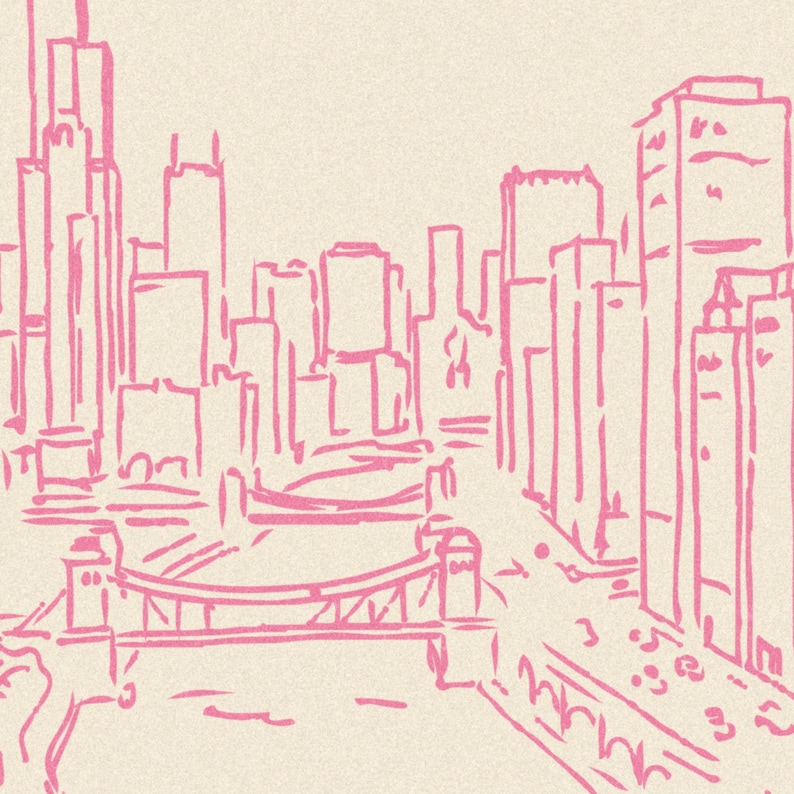 Op de afbeelding: Een lijntekening van een stadssilhouet met hoge wolkenkrabbers en een brug over een rivier. De illustratie is uitgevoerd in een heldere roze kleur tegen een lichtbeige achtergrond en legt de architecturale vormen van het stadsgezicht vast.