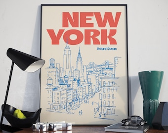 New York Verenigde Staten illustratie print, retro stad schets kunst aan de muur, rood, blauw, geel