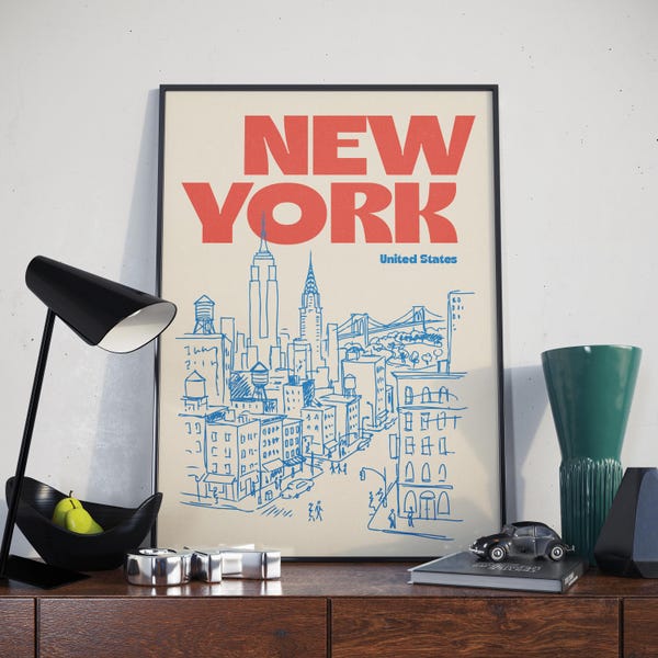 New York United States Illustration Print, Retro City Sketch Wall Art, Red, Blue, Yellow