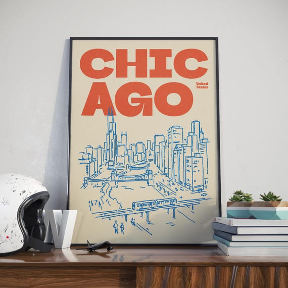 Chicago Illinois Illustration Print, Retro City Sketch Wall Art in Red, Blue, Green, Pink