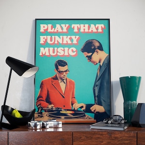 Play That Funky Musik Print, Retro Vinyl Poster, DJ Wandkunst, 70er Jahre Disco Dekor, Funk Art, Vintage Musikraum-Druck, Geschenk für Vinyl-Liebhaber