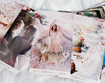 May include: A collection of tarot cards with various illustrations and text. The cards feature images of a woman with headphones, a woman with wolves, and a woman journaling. Text on the cards includes "LOVE YOURSELF" and "UNCONDITIONAL LOVE".