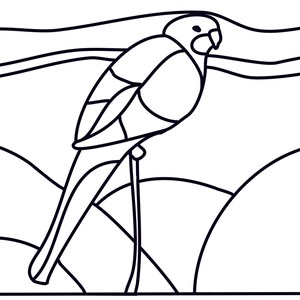 Könnte beinhalten: Eine schwarz-weiße Strichzeichnung eines Vogels, der auf einem dünnen Ast sitzt. Das Design besteht aus kräftigen, klaren Umrisslinien, die die Form des Vogels und abstrakte geschwungene Hintergrundformen bilden und ein grafisches Muster.
