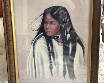 Lámina decorativa vintage de Z Garcia, "Doncella", enmarcada en tamaño grande, con otra lámina en la parte posterior.