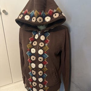 Vintage Lucky Brand Hoodie Sweatshirt Embroidered Floral Zip Womens Medium