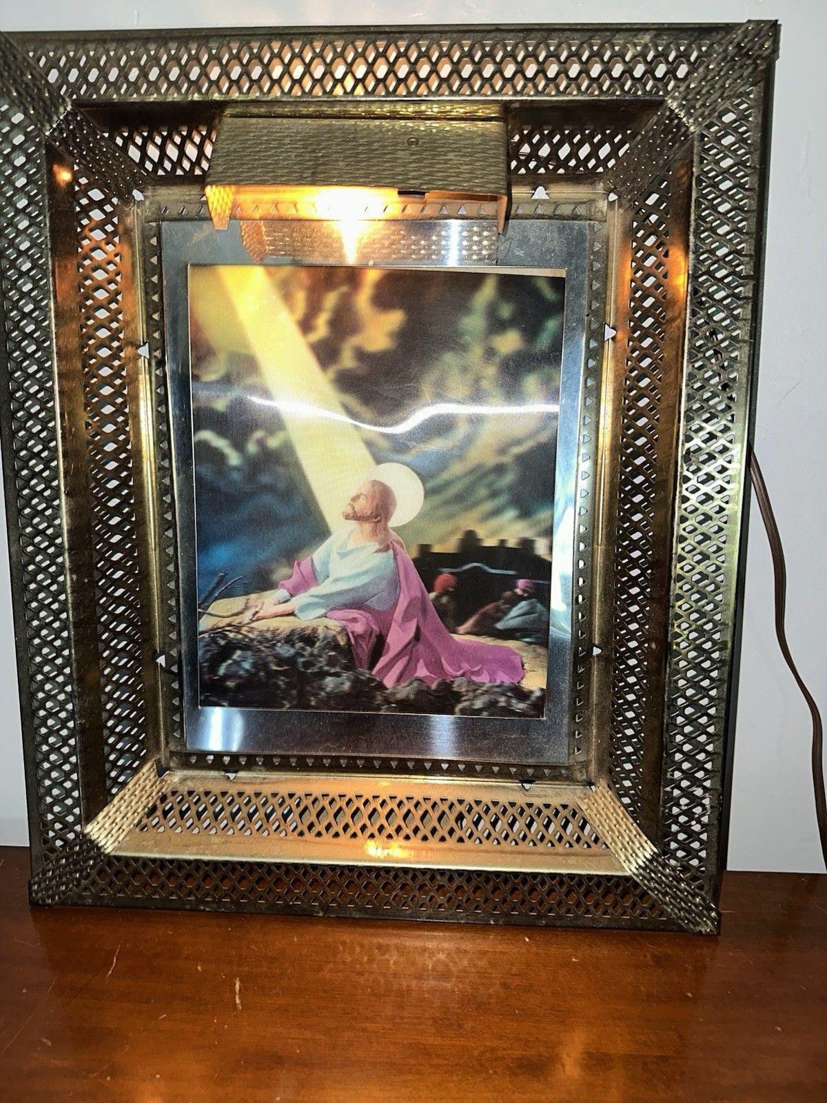 Vtg MCM Lenticular 3D Hologram Jesus Light up Metal Frame Picture 17x14 ...