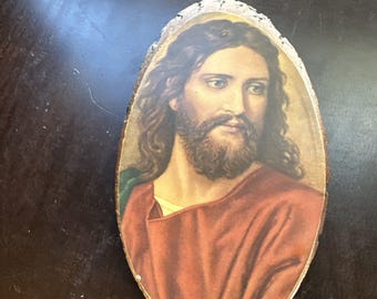 Vintage Jesus Portrait on Wood Slab Label 505 Head Of Christ with Wall Hanger