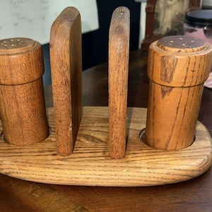Vintage Wooden Napkin Holder, Salt & Pepper Holder Mid Century