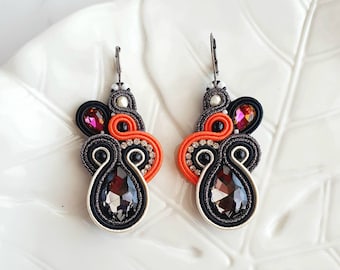 Svarta orange Soutache-örhängen: Droppformade kristallörhängen