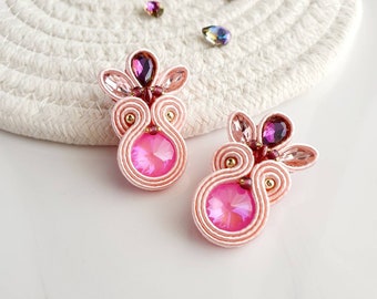 Soutache clip on earrings, Pink boho earrings, Pastel pink earrings, Pink bridal earrings, Pink crystal earrings, Romantic birthday gift