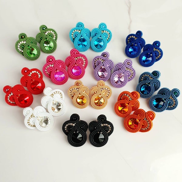 Bunte Soutache-Ohrringe, Kristall-Ohrstecker für Frauen, mehrfarbige Ohrstecker, Farbblock-Ohrringe, helle Kristall-Ohrringe