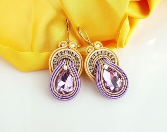 Lilac crystal earrings, Pastel dangle earrings, Soutache gold lilac earrings, Drop beaded earrings, Sparkly earrings, Bridesmaid jewel gift