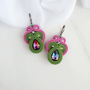 Pink green Soutache earrings, Dangle drop earrings, Colorful crystal earrings, Teardrop beaded earrings, Iridescent earrings rhinestone image 1