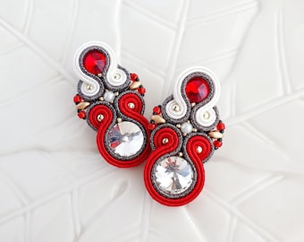 Red Soutache Earrings, Crystal Beaded Glamour Jewelry