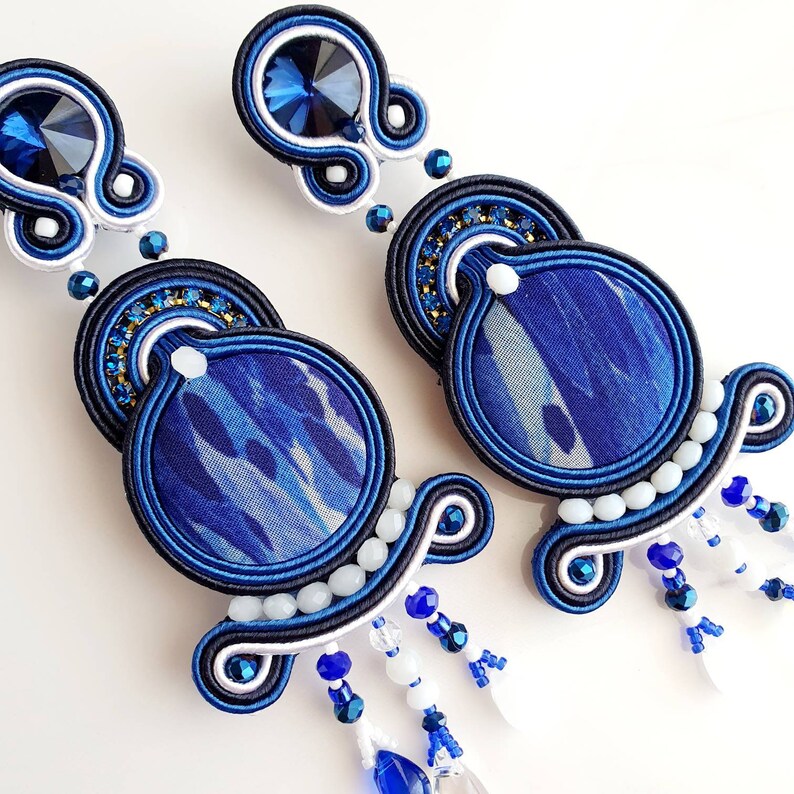 Long dangle earrings women, Soutache blue earrings, Oversized earrings rhinestone, Blue white button earrings, Maximalist beaded earrings image 3