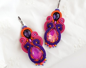 Soutache Colorful Dangle Earrings, Crystal Boho Jewelry