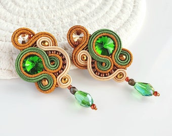 Green copper Soutache earrings, Embroidered dangle earrings, Rustic wedding earrings, Boho earrings green, Green crystal statement earrings