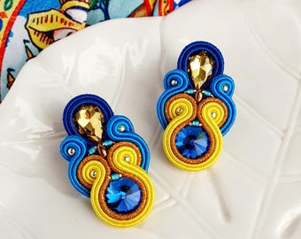 Soutache Crystal Drop Earrings: Yellow & Blue Beaded Italian Jewelry